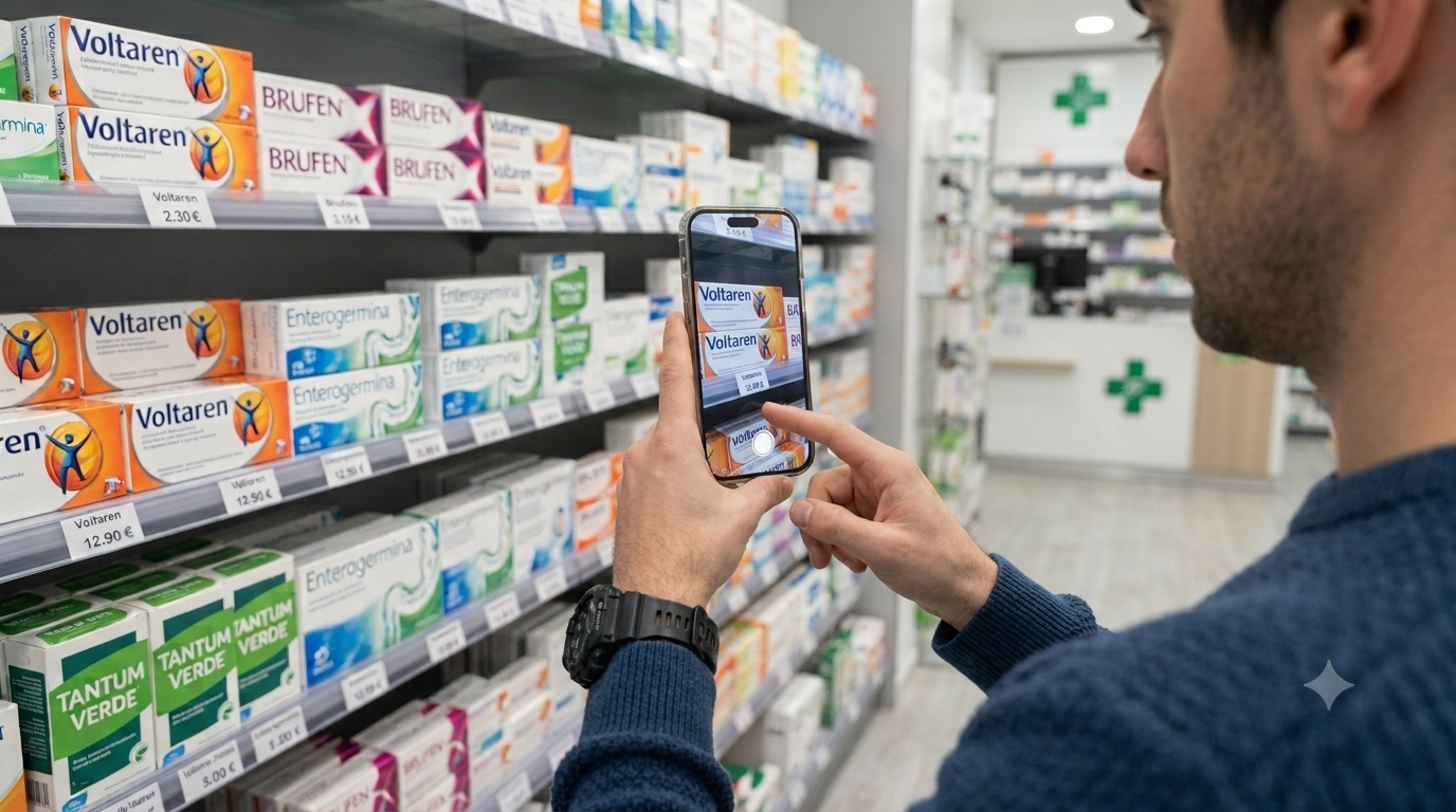Operatore in farmacia che scansiona lo scaffale con lo smartphone